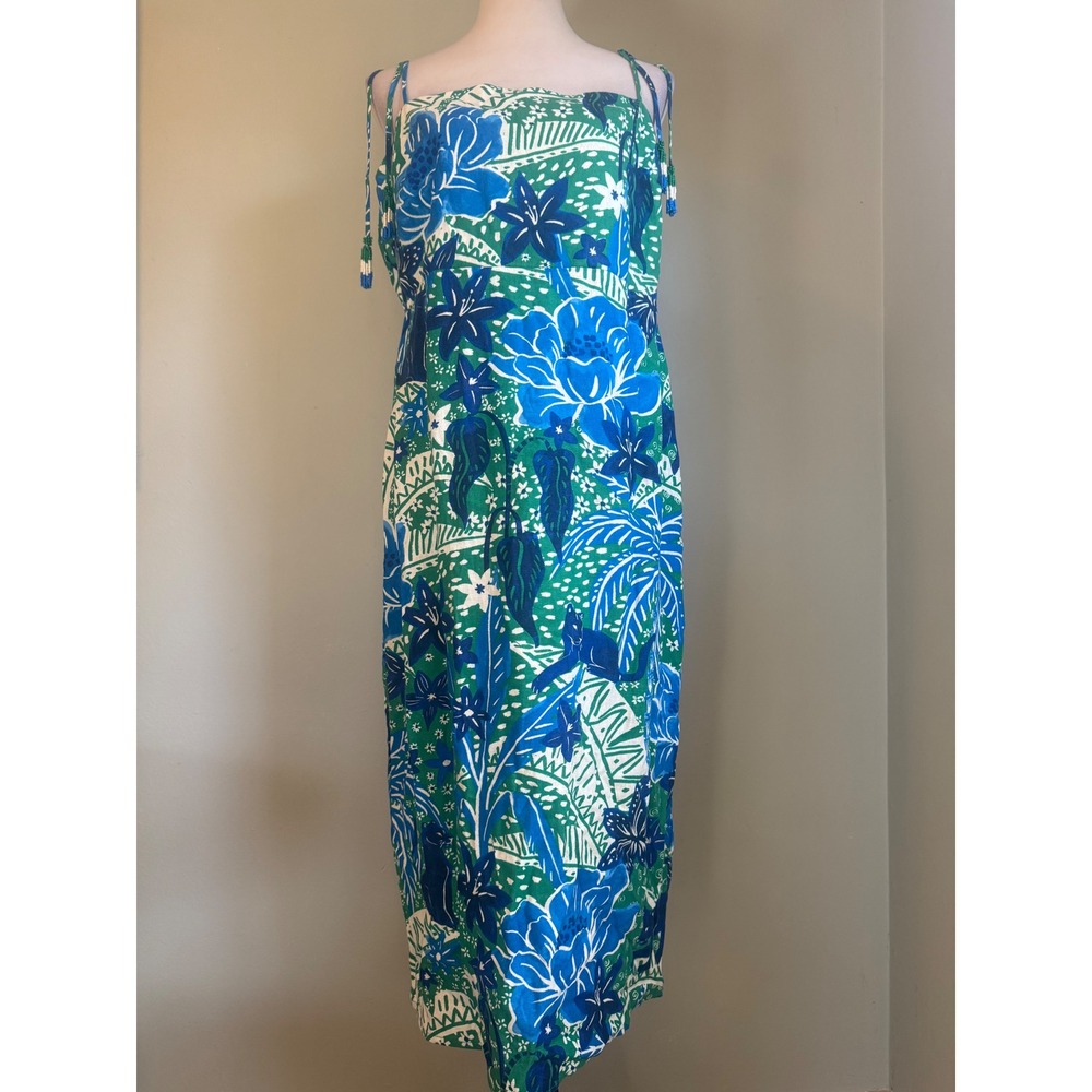 Zoe beaded Blue cat Tropical Floral Smocked Midi Dress Green resort XL NWT boho